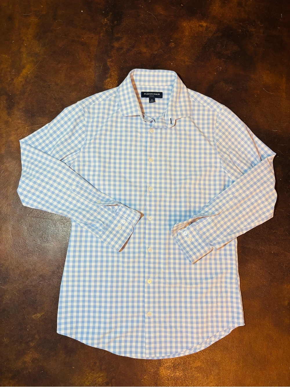 Mizzen Main Leeward Dress Shirt Men's Medium Blue Gingham Performance Stretch